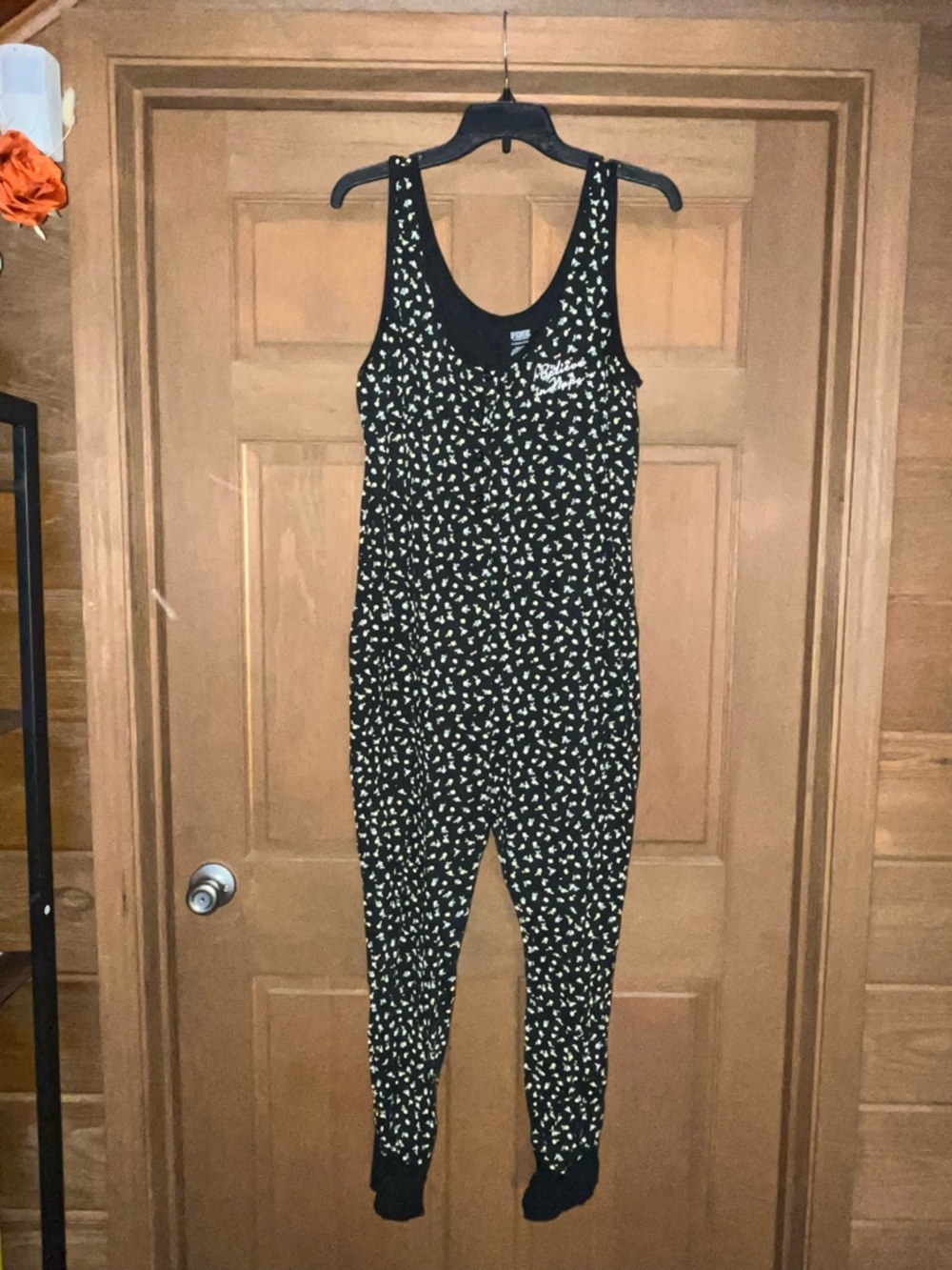 PINK Victoria's Secret Sleepwear Black Jumpsuit with Cream Floral Dot Print